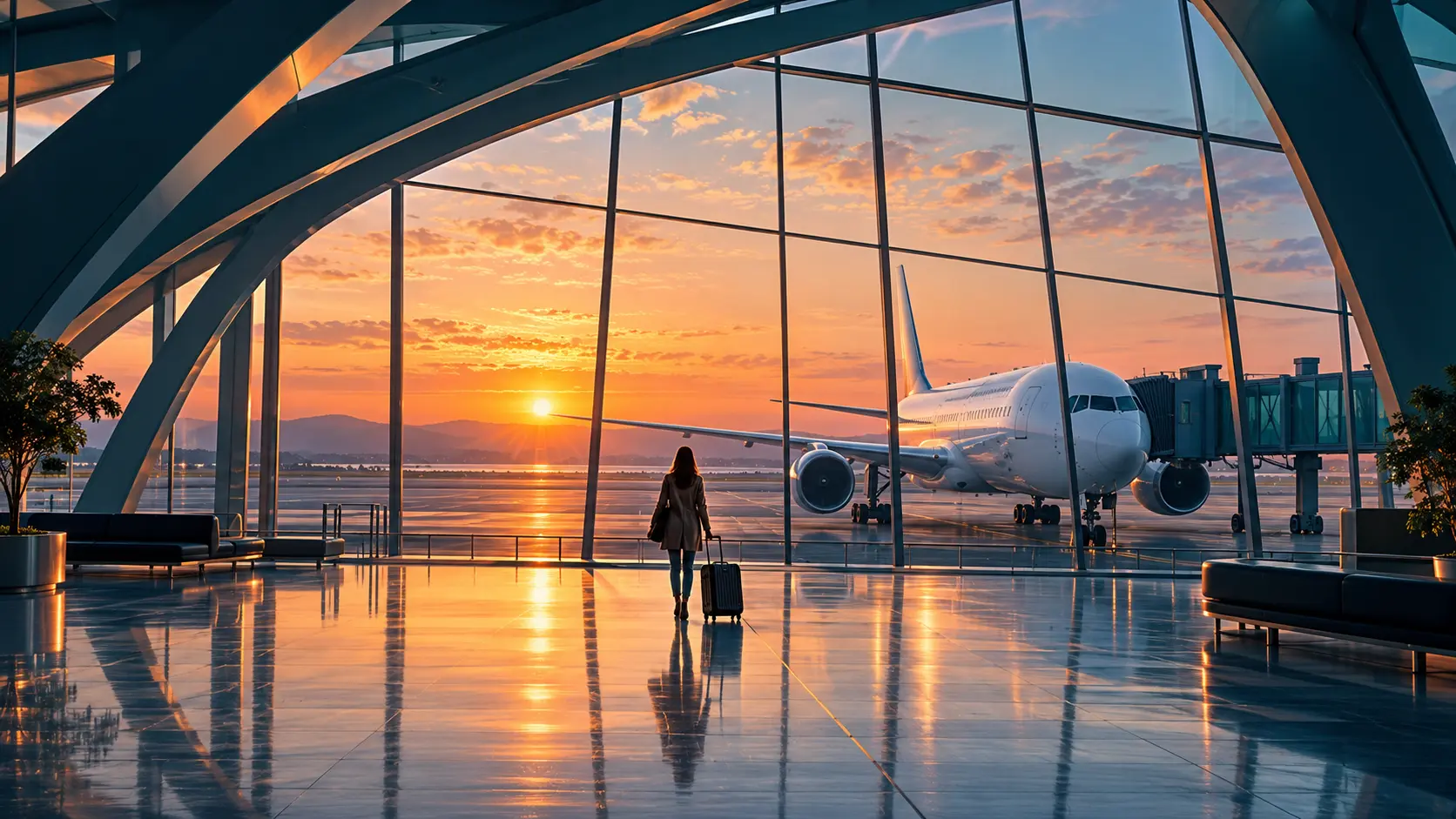 Imagined airport scene: a traveller with a suitcase looks towards a passenger aircraft through a glass terminal at sunrise
